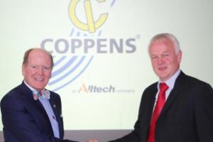Anno Galema, managing director of Coppens International (right), with Dr. Pearse Lyons, Alltech founder and president (left), celebrating Alltech's completed acquisition of Coppens International, a leading European aquaculture solutions and nutrition company. 
